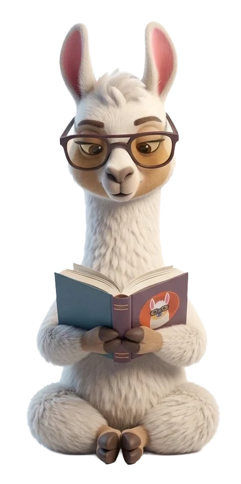 Mascote do estúdio lendo um livro aberto, representando a leitura do projeto
