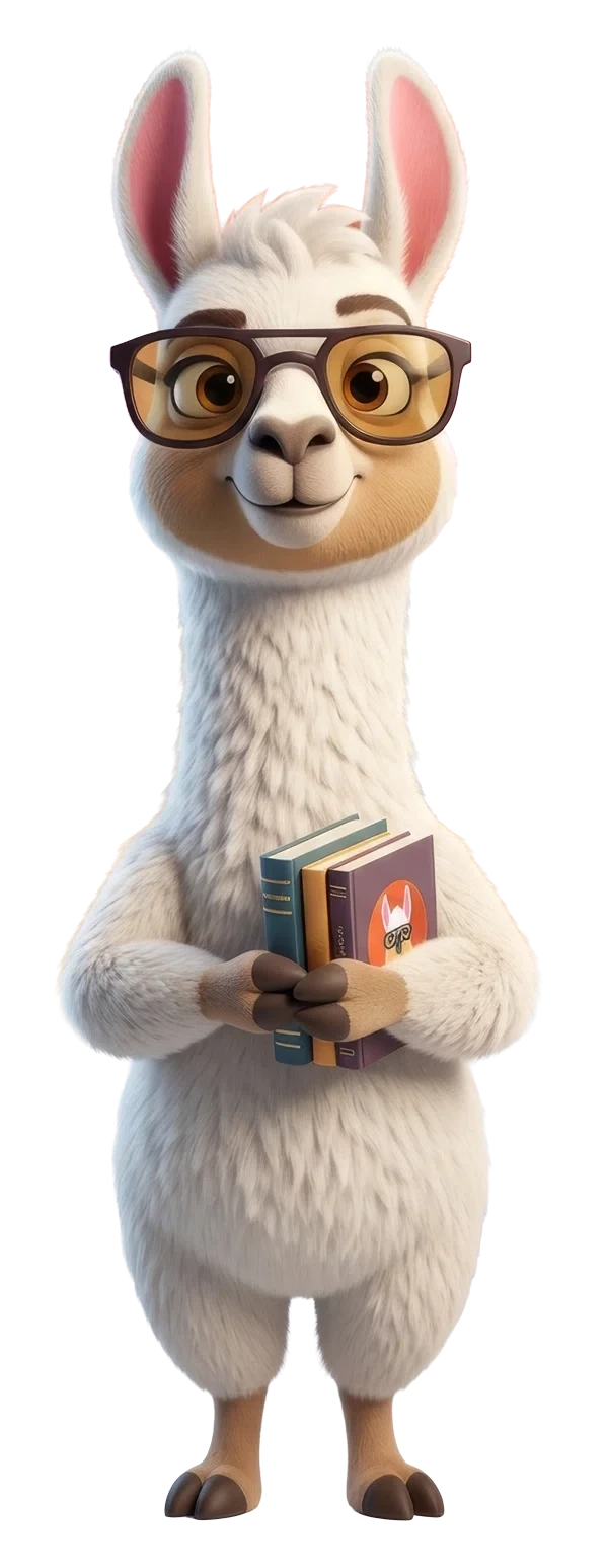 Mascote do estúdio segurando uma pilha de livros, representando o acervo do projeto