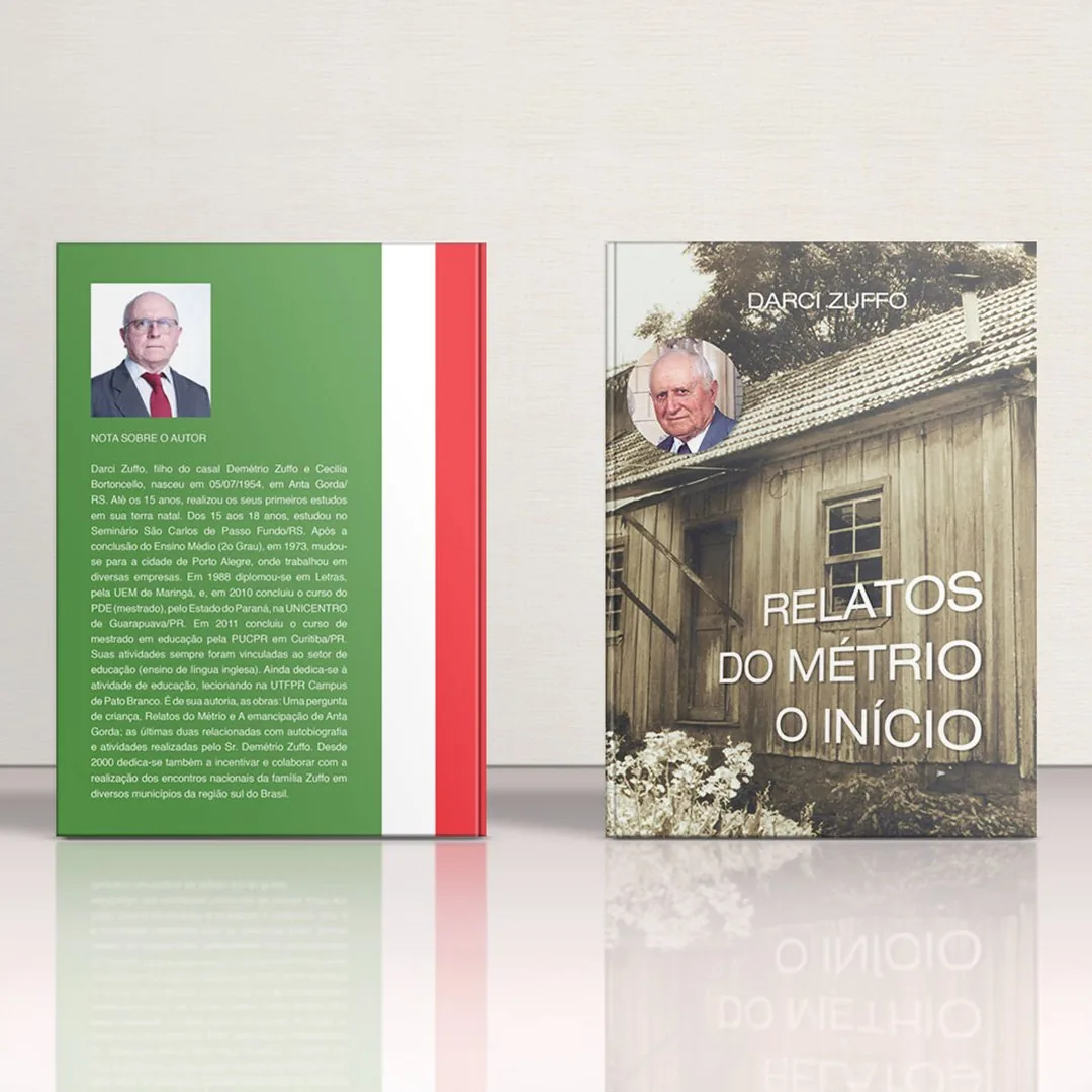 Livro Relatos do Métró aberto, mostrando a contracapa com texto e retrato do autor e a capa com fotografia de casarão antigo
